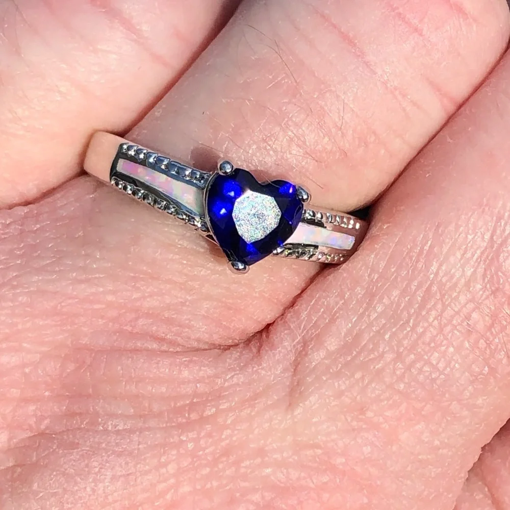 - Sapphire Heart White Fire Opal Ring SZ 7.5! NEW!